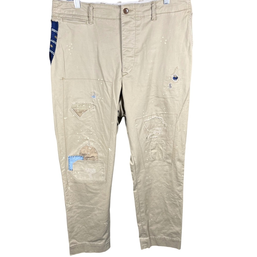 Polo Ralph Lauren Chinos Mens 34 Tan Relaxed Patchwork Upcylced Paint Splatter